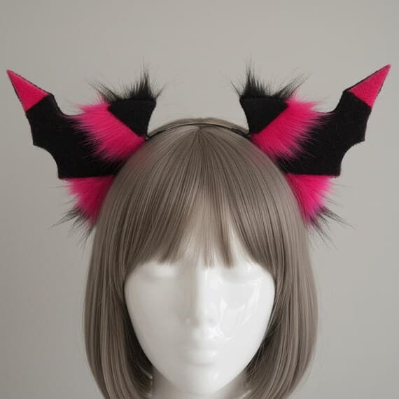 Black and hot pink plush faux fur bat wing ears headband displayed on mannequin with grey brown bob wig. Fluffy oversized bat ears with black velvet bat wing shape and vivid magenta pink fur accents and tufts on slim metal headband. Demon bat cosplay costume accessory for halloween anime con gothic dark fantasy therian furry meetup festival rave. Lightweight 40g plush animal ears headband one size fits most. Perfect for e-girl kawaii goth rave festival cosplay