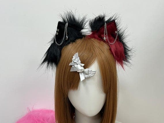 Fluffy red and black cat ears headband crafted from soft faux fur, perfect for cosplay, nekomimi, kemonomimi, furry roleplay, kittenplay, pet play, Halloween costumes, kawaii outfits, anime, or themed parties. Lightweight and comfortable for all-day wear. Can be combined with tails, bells, collars, clips, or other accessories for realistic and playful animal cosplay, kitsune, or cat-inspired costume sets.