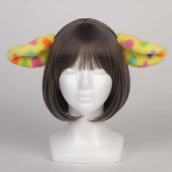 Plush sheep ear headband in bright yellow with colorful rainbow polka dots including pink, purple, orange, green, and blue spots. Displayed on a styrofoam mannequin head. Oversized floppy faux fur lamb ears droop outward on a slim black metal headband. Furry animal ears headband for cosplay, festivals, therian meetups, and fantasy costume events. One size fits most.