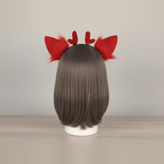 Rear view red deer headband showing vivid red faux fur on pointed ear backs with plush heart-shaped antler nubs and slim black metal headband across back of mannequin head with bob wig, back view fawn ears deer ears deer antler headband furry deer ears antler headband costume ears cosplay ears faux fur ears animal ears headband deer ear headband cosplay antlers cosplay animal ears animal cosplay deer headband reindeer ears against warmer grey studio background