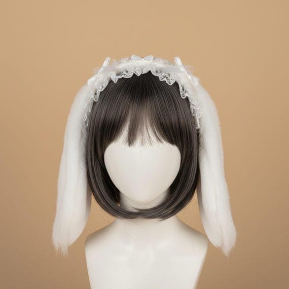 White lop-eared rabbit ears headband on mannequin head with dark brown wig, oversized floppy droopy plush faux fur bunny ears in pure white with matching white inner surface, lace ruffle crown detail with white satin bows at ear base, lolita style rabbit ear hair accessory perfect for cosplay costumes anime conventions Easter celebrations bridal parties and elegant dress-up, floppy bunny ear headpiece ideal for photo shoots festival outfits and premium costume accessories for women and teens