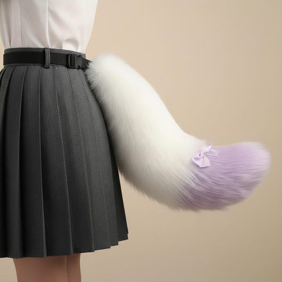 Side view of lavender and white two-tone faux fur fox tail clipped at waist on dark pleated skirt showing gentle C-curve shape with fluffy white body and light purple lavender colored tip with decorative purple satin ribbon bow at color junction. Fox tail cosplay costume accessory kitsune therian prop on warm beige background. Plush polyester faux fur fox tail with belt strap for cosplay conventions anime halloween. Fluffy pastel lavender fox tail.
