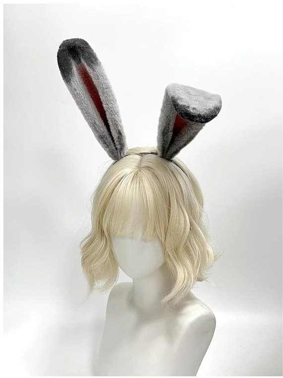 Grey and Deep Rose Faux Fur Poseable Bunny Rabbit Ears Headband Cosplay Halloween Easter Festival Rave Convention Gift - Image 1