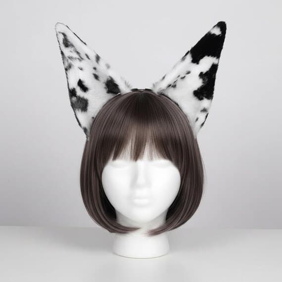 Black and white spotted dog ear headband on mannequin head with brown bob wig. Tall pointed plush ears with irregular dalmatian-like spotted pattern on slim metal headband. Realistic spotted wolf dog ears cosplay accessory for halloween anime con festival rave therian kemonomimi.