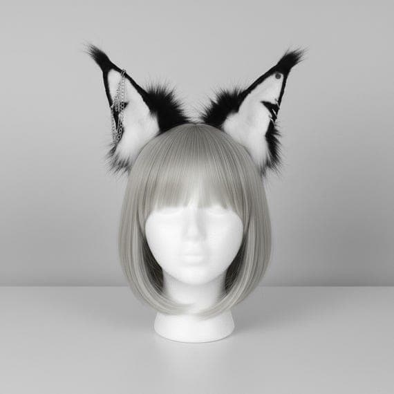Black and white punk wolf ear headband with silver chain drape and metal piercings on mannequin head. Plush faux fur wolf dog ears with white inner fur and black outer fur. Gothic punk cosplay headband for halloween anime con therian kemonomimi.