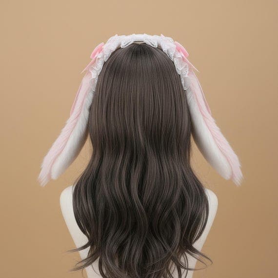 Rear view of pink lop-eared rabbit ears headband on mannequin head with brown wig showing back of oversized floppy droopy plush faux fur bunny ears, pink outer fur with white inner lining visible at edges, lace ruffle crown and pink satin bows at top, lolita style floppy rabbit ear hair accessory for cosplay costumes anime conventions Halloween parties Easter celebrations and dress-up, droopy bunny ear headpiece back angle for styling reference ideal for photo shoots and festival looks