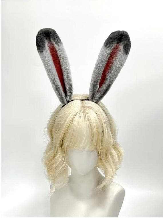 Grey and Deep Rose Faux Fur Poseable Bunny Rabbit Ears Headband Cosplay Halloween Easter Festival Rave Convention Gift - Image 2