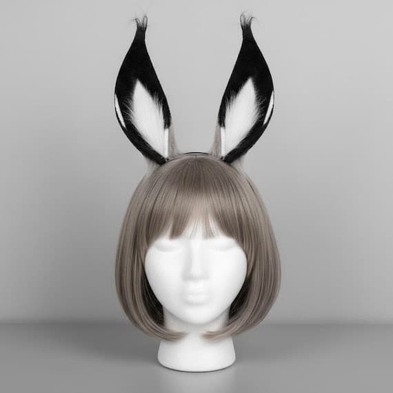 Rear view of anime rabbit ears headband on mannequin head with dark brown wig showing back of pointed faux fur ears, two-tone coloring visible from behind, slim metal headband across back of head, warm beige background.