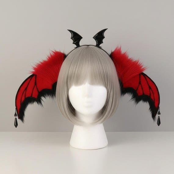 Plush bat ears headband in red and black faux fur on slim black metal headband displayed on mannequin with ash blonde wig, front view showing oversized bat wing ears with red embroidered wing vein membrane panels and black fur fringes, two detachable PU leather bat wings clipped at crown, black crystal teardrop pendants dangling from each ear tip, bat ears cosplay gothic demon ears halloween therian headband against neutral grey studio background