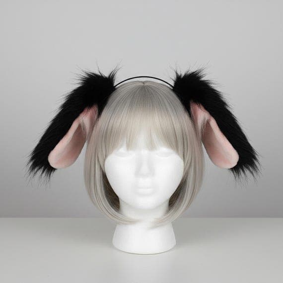Floppy dog ear headband in black and pink faux fur on slim black metal headband, oversized droopy puppy ears displayed on mannequin with ash blonde wig, front view showing elongated teardrop shaped ears with smooth pink plush inner panels and long black wispy fur fringes hanging past jawline, droopy spaniel style dog ears cosplay headband against neutral grey studio background