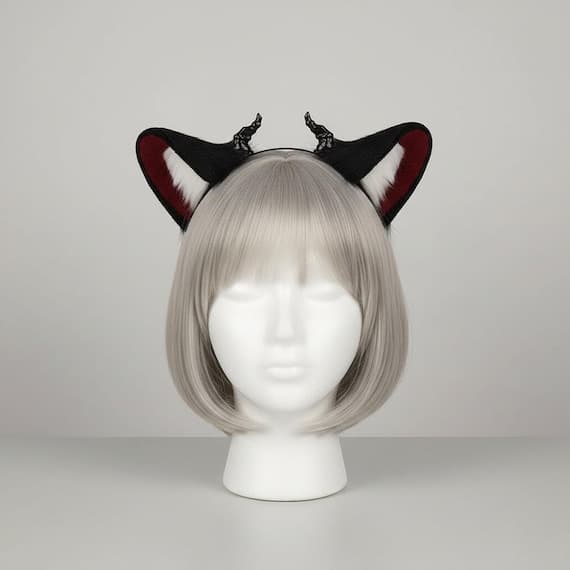 Demon horns headband in black and red faux fur plush devil horns on slim black metal headband, cosplay horns displayed on mannequin with ash blonde wig, front view showing large pointed ears with black faux fur exterior and deep crimson plush inner panels with white fur tufts at base, twisted black horn tips rising from each ear, red devil horns costume horns headband for halloween and therian cosplay against neutral grey studio background