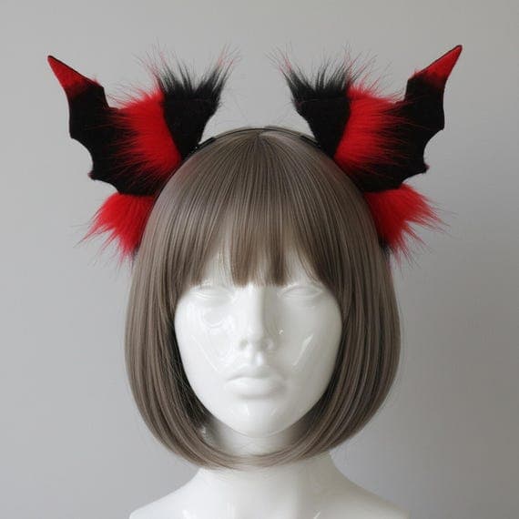 Black and lavender plush faux fur bat wing ears headband displayed on mannequin with grey brown bob wig. Fluffy oversized bat ears with black velvet bat wing shape and soft lavender purple fur accents and tufts on slim metal headband. Demon bat cosplay costume accessory for halloween anime con gothic dark fantasy therian furry meetup festival rave. Lightweight 40g plush animal ears headband one size fits most. Perfect for kawaii goth pastel gothic vampire cosplay