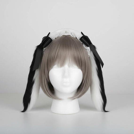 Black lop-eared rabbit ears headband on mannequin head with styled wig, oversized floppy droopy plush faux fur bunny ears in deep black with white inner surface, elegant lace ruffle crown accent with black satin bows at ear base, gothic lolita rabbit ear hair accessory great for cosplay costumes anime conventions Halloween costume parties and dark themed dress-up, floppy bunny ear headpiece perfect for photo shoots festival wear and trendy costume accessories for women teens and cosplay fans