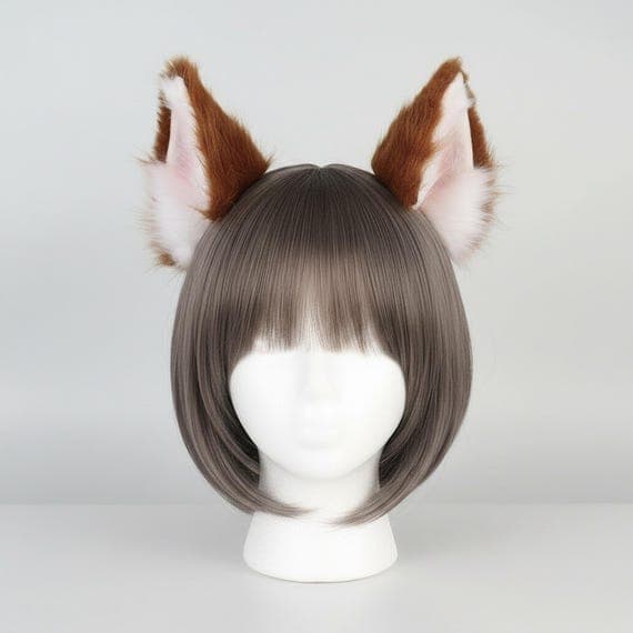 Fox ear hair clips on mannequin head with dark brown wig front view. Tall pointed brown faux fur fox ears with soft pink white inner ear panels clipped into hair. Realistic kitsune fox ears cosplay accessory hair clips for halloween anime con festival rave therian kemonomimi. Clip on fox ear costume hair accessory faux fur plush animal ears