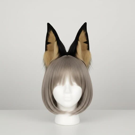 Black and tan Doberman dog ear headband displayed on white styrofoam mannequin head with grey-brown bob wig. Tall pointed plush faux fur Doberman Pinscher ears with tan inner markings and fluffy fur tufts on slim metal headband. Realistic dog ears cosplay accessory for halloween anime con festival rave therian cosplay.